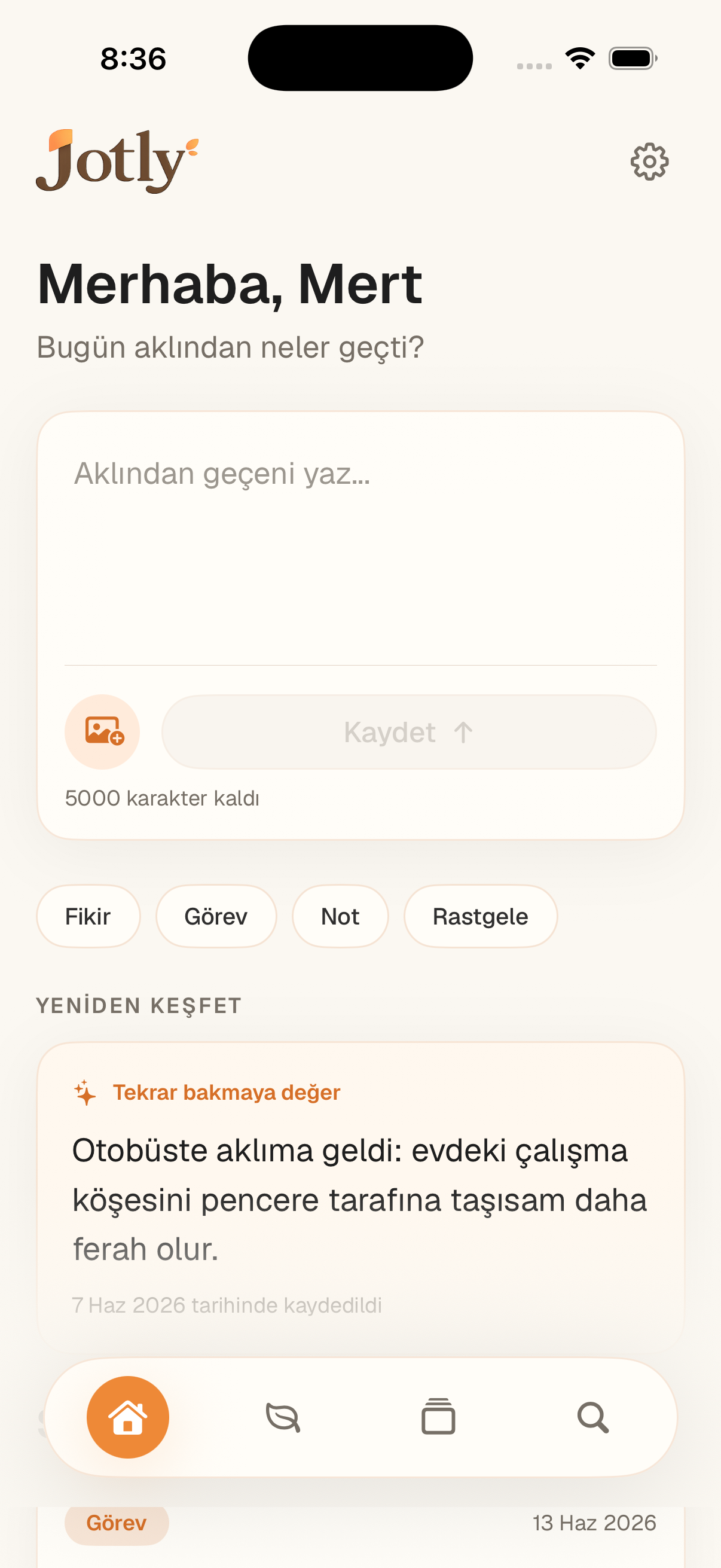Jotly — thought journal home screen
